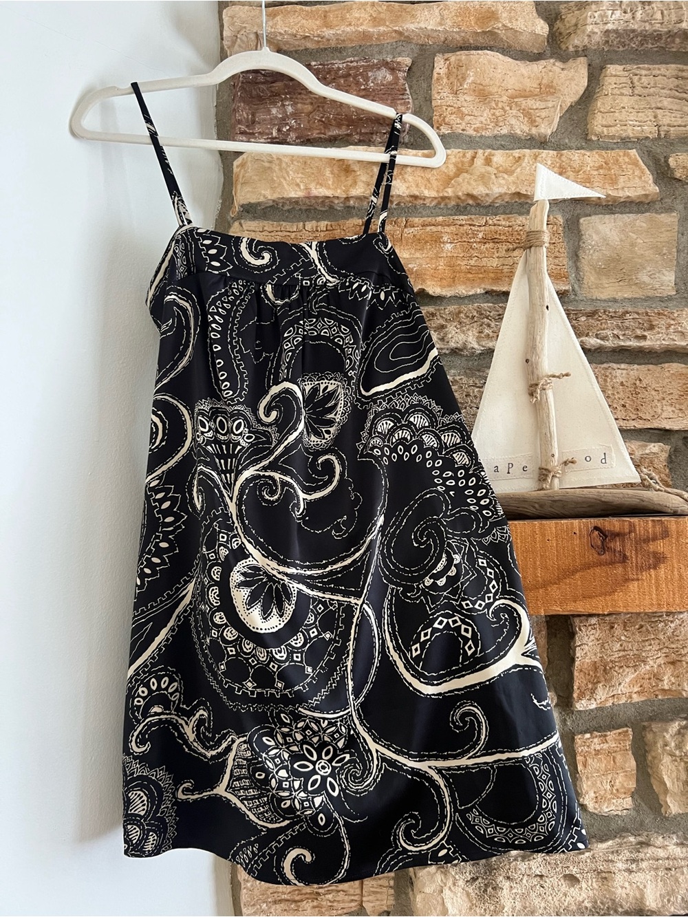 Black and Cream Paisley Spaghetti-Strap Dress XS